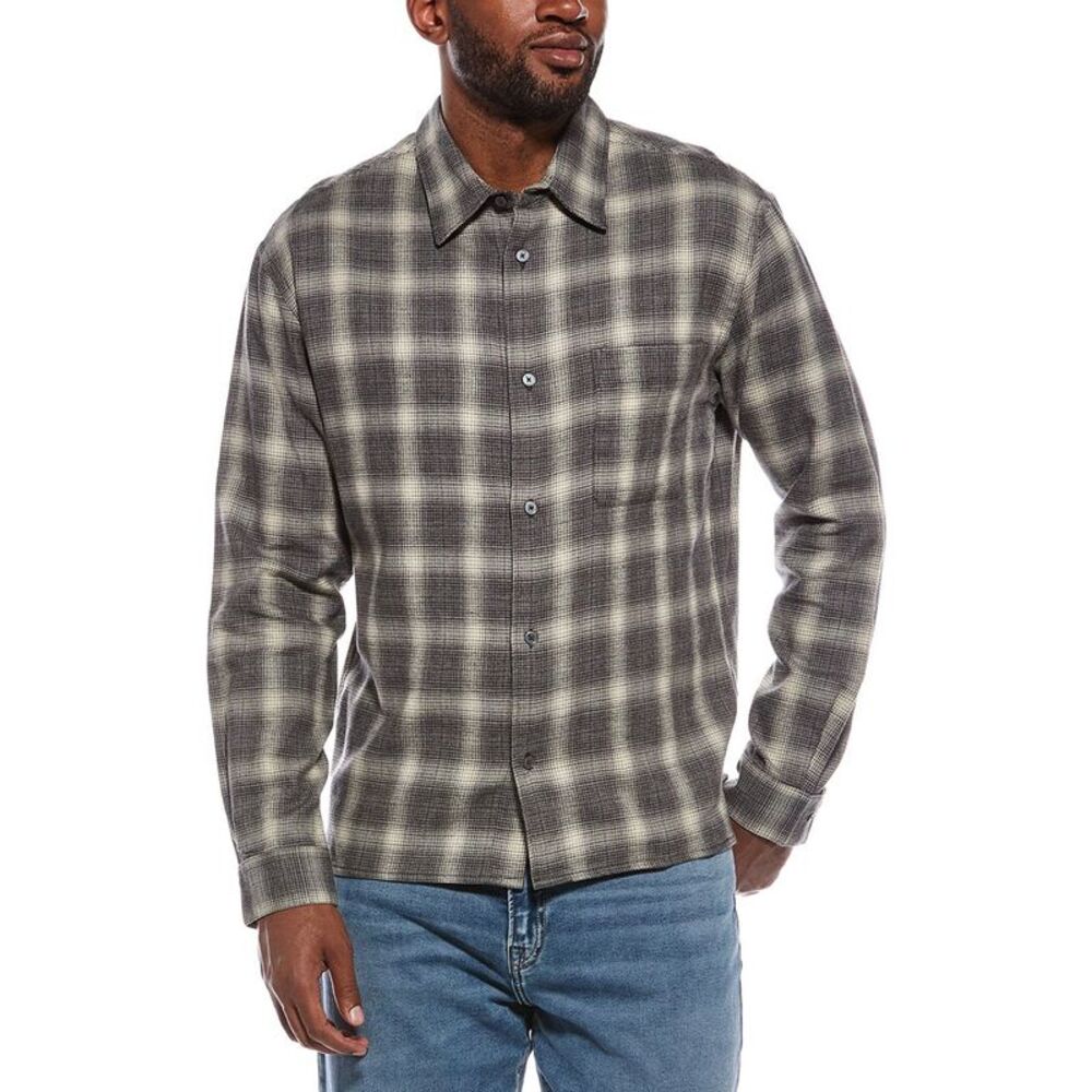 Frame Denim Mens  Straight Hem Plaid Shirt, Gray